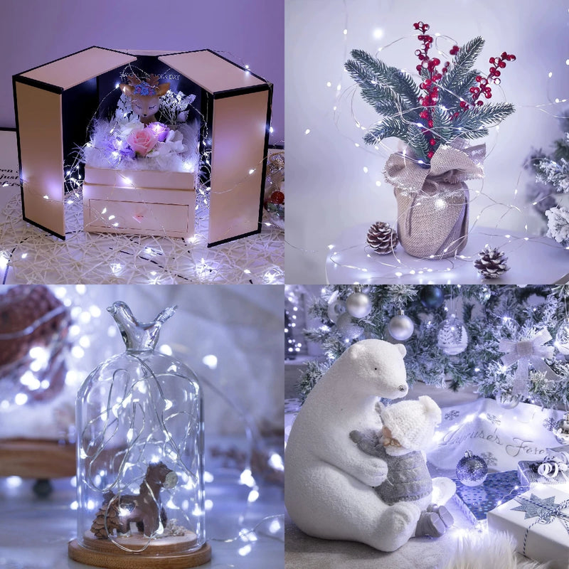Luzes de fadas a pilhas para decoração, fio de cobre prateado, escurecimento da terceira engrenagem, decoração natal, 2m, 10pcs ✨ 💡