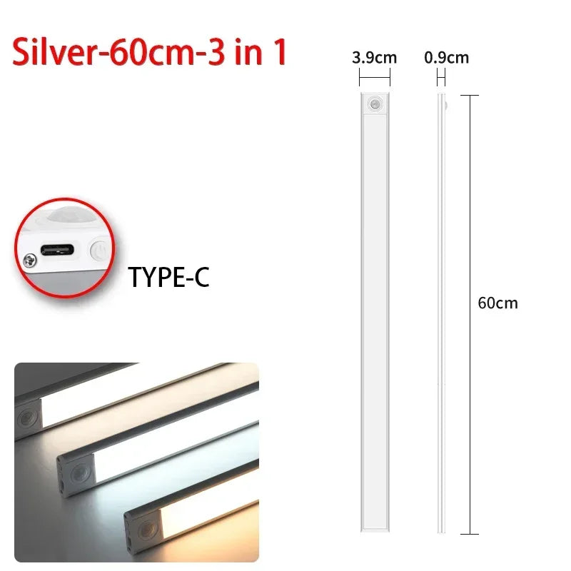 Luminária LED com Sensor de Movimento | 20/30/40/60cm, sem fio, usb, luz noturna | 3 Cores em 1  | Sua Casa Nova 💡