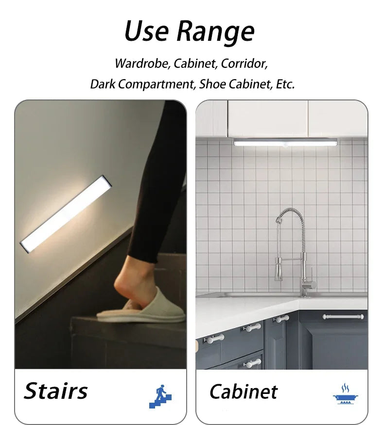 Luminária LED com Sensor de Movimento | 20/30/40/60cm, sem fio, usb, luz noturna | 3 Cores em 1  | Sua Casa Nova 💡