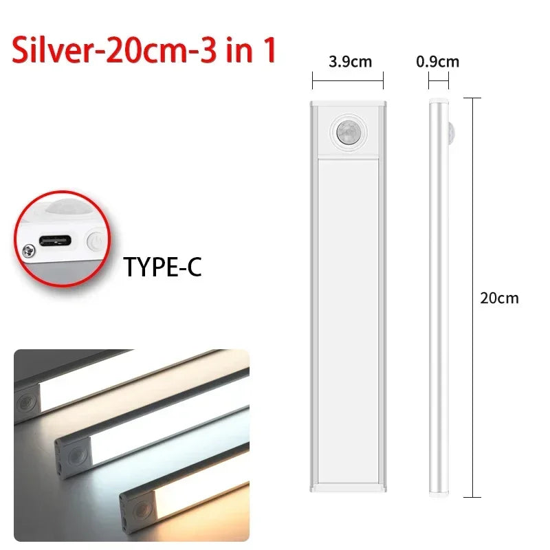 Luminária LED com Sensor de Movimento | 20/30/40/60cm, sem fio, usb, luz noturna | 3 Cores em 1  | Sua Casa Nova 💡