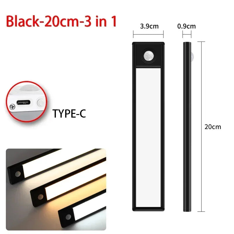 Luminária LED com Sensor de Movimento | 20/30/40/60cm, sem fio, usb, luz noturna | 3 Cores em 1  | Sua Casa Nova 💡