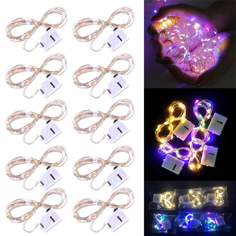 Luzes de fadas a pilhas para decoração, fio de cobre prateado, escurecimento da terceira engrenagem, decoração natal, 2m, 10pcs ✨ 💡
