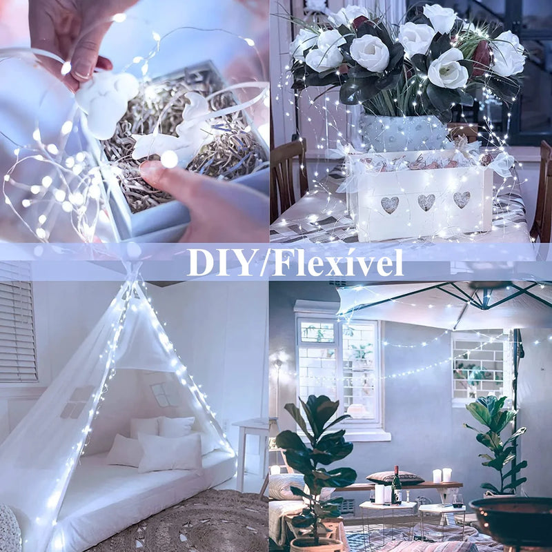 Luzes de fadas a pilhas para decoração, fio de cobre prateado, escurecimento da terceira engrenagem, decoração natal, 2m, 10pcs ✨ 💡